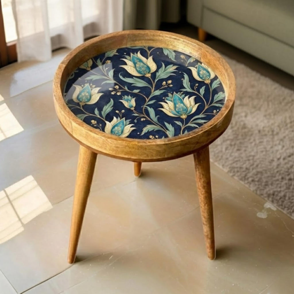 Handmade Mango Wood Side Table | Blue Floral Print Round Accent Table