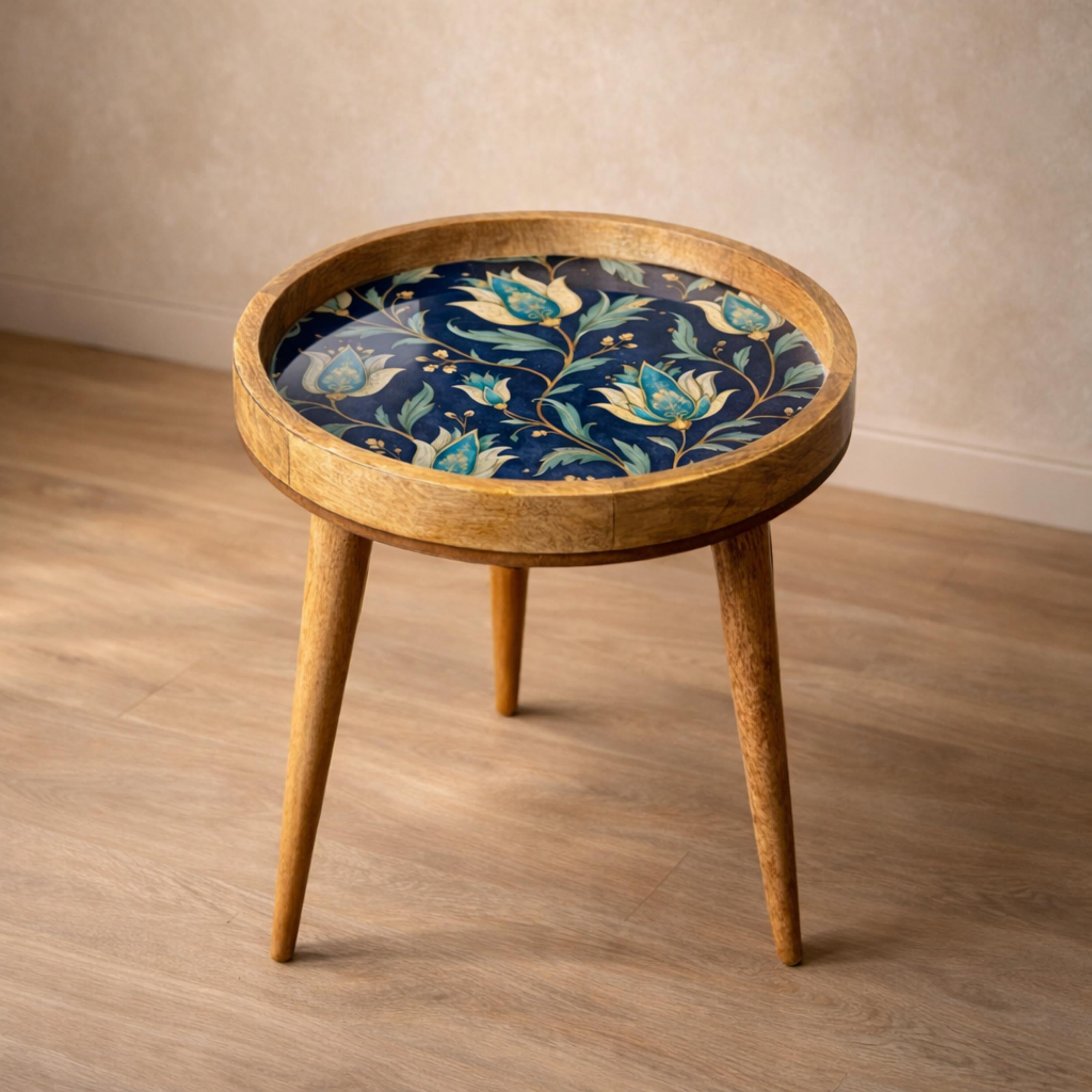 Handmade Mango Wood Side Table | Blue Floral Print Round Accent Table