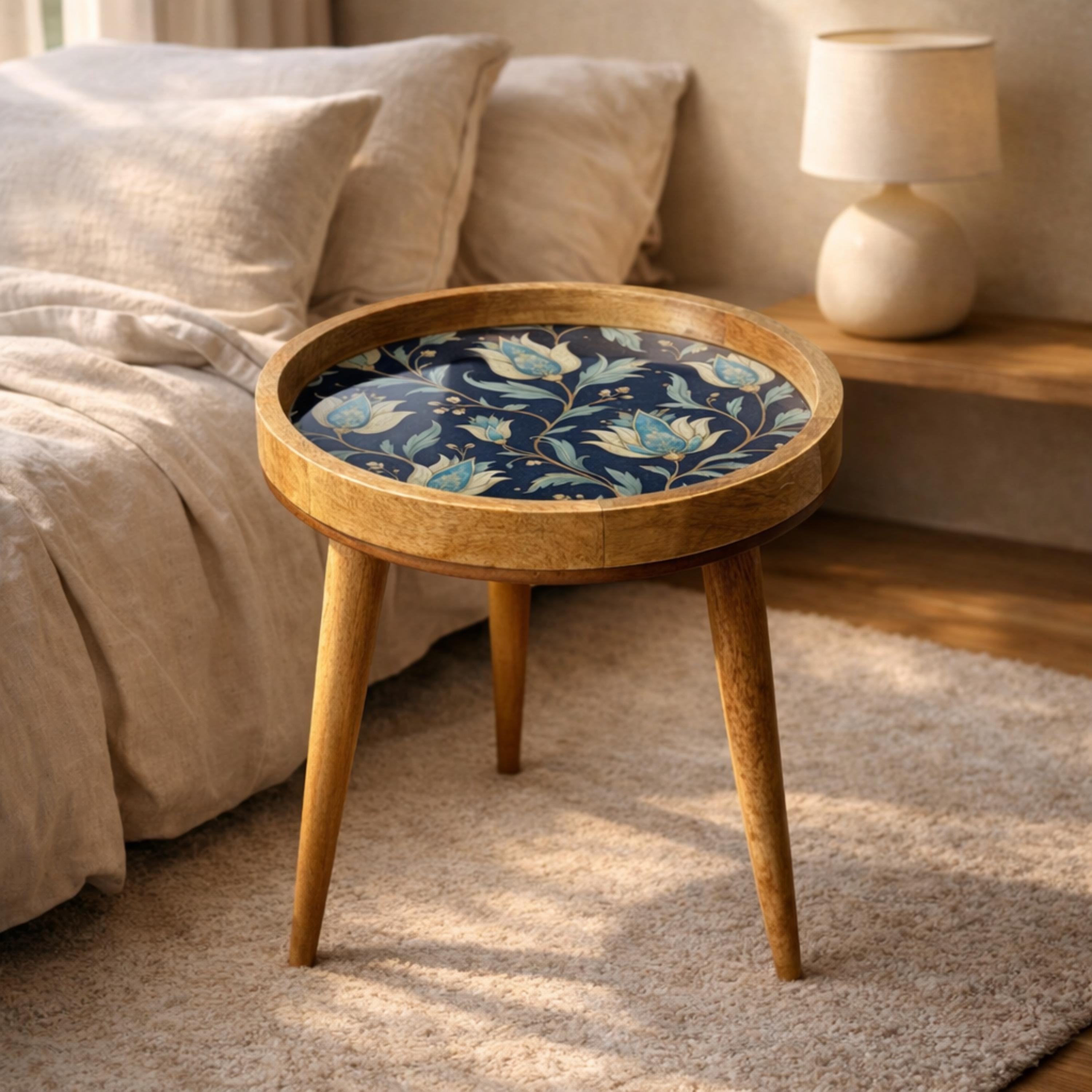 Handmade Mango Wood Side Table | Blue Floral Print Round Accent Table
