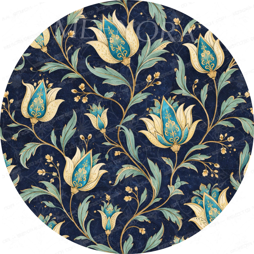 Handmade Mango Wood Side Table | Blue Floral Print Round Accent Table