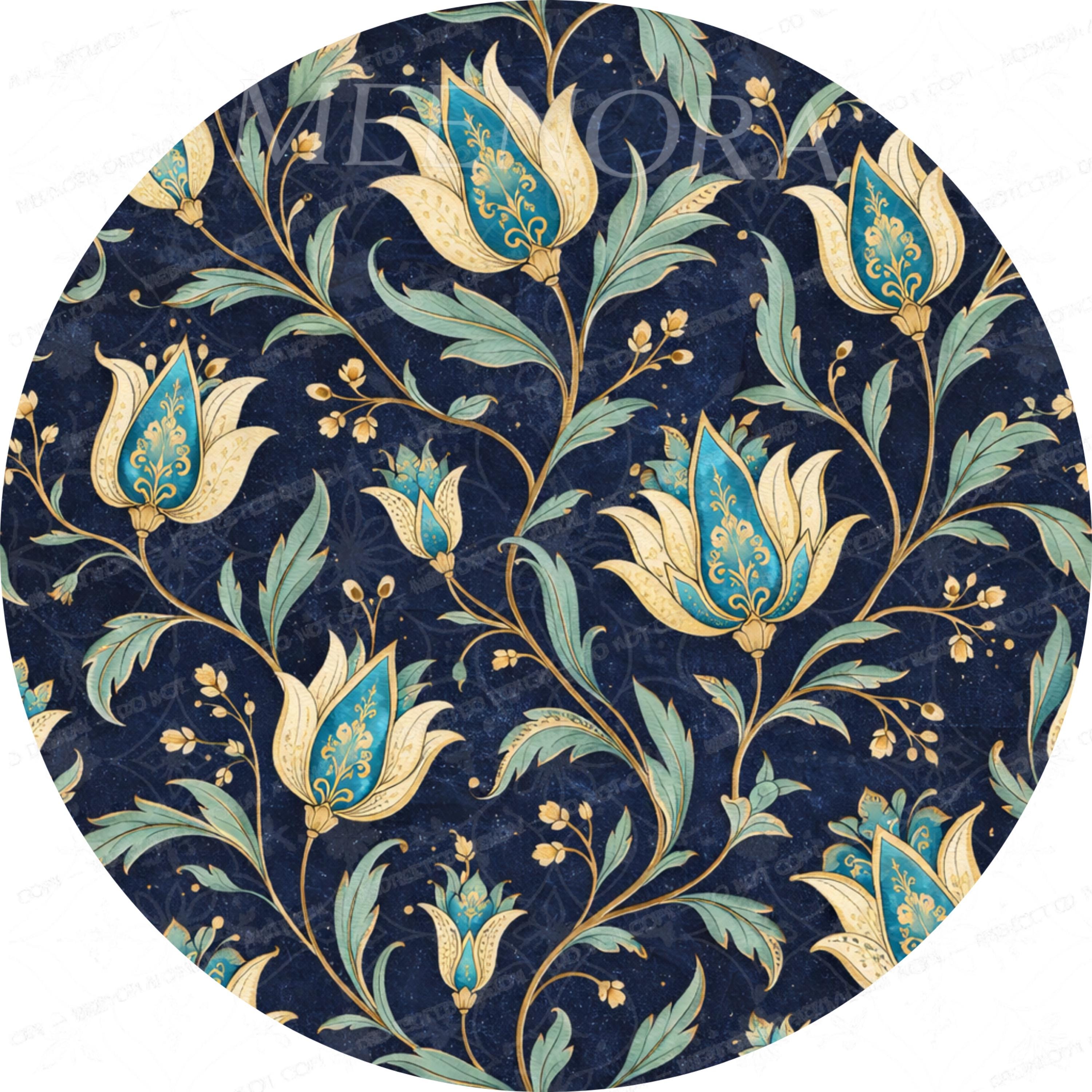 Handmade Mango Wood Side Table | Blue Floral Print Round Accent Table
