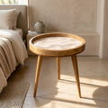 Handmade Printed Mango Wood Side Table | Neutral Wave Round End Table | Modern Accent Furniture