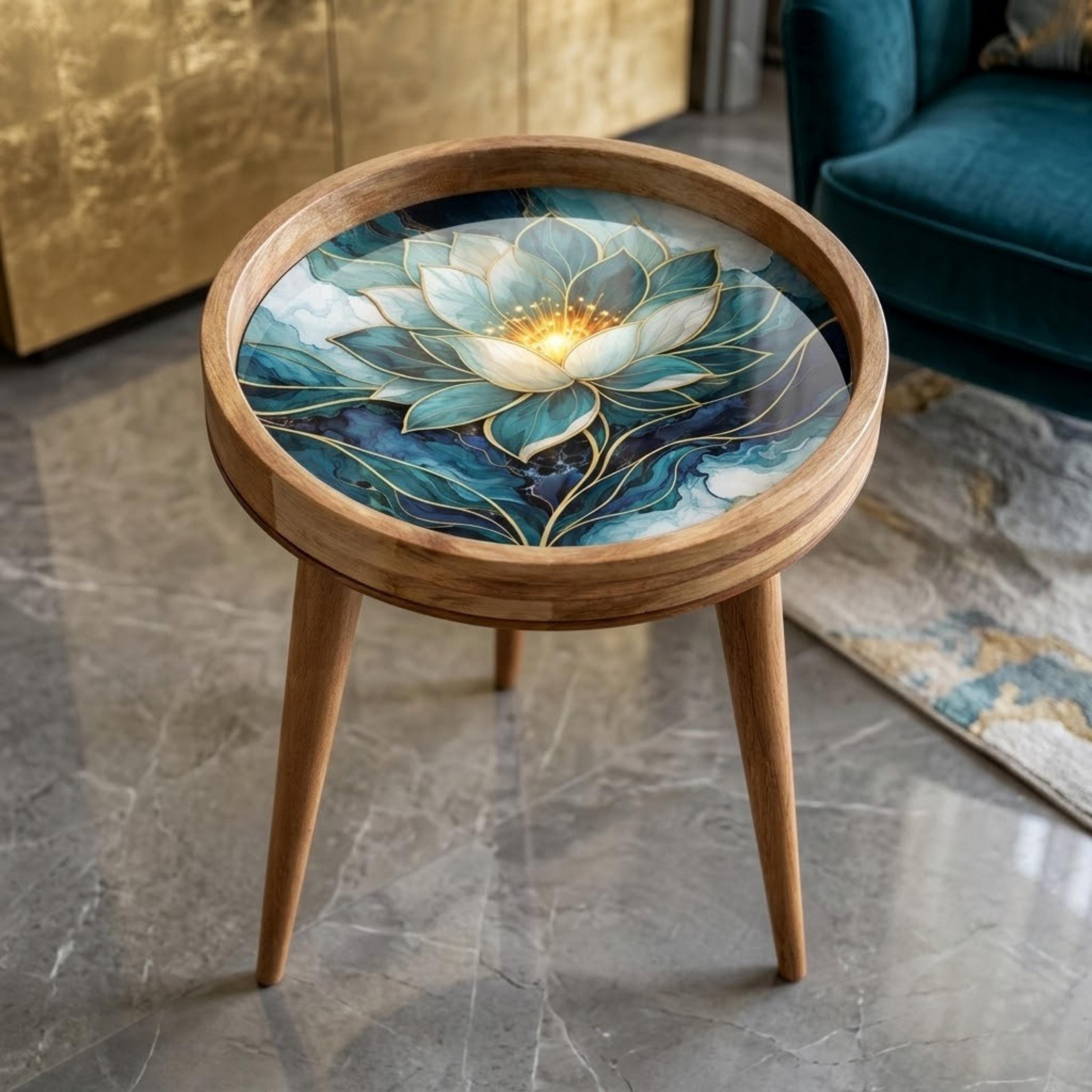 Handmade Mango Wood Side Table | Blue Lotus Art Accent Table | Boho Meditation Decor