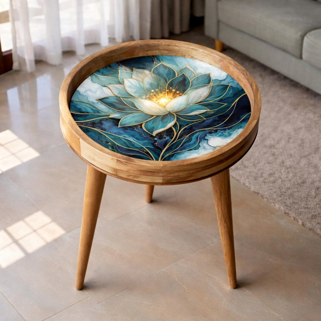 Handmade Mango Wood Side Table | Blue Lotus Art Accent Table | Boho Meditation Decor