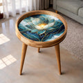 Handmade Mango Wood Side Table | Blue Lotus Art Accent Table | Boho Meditation Decor