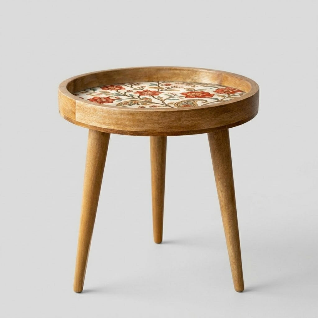 Handmade Mango Wood Side Table | Vintage Floral Print Round Boho Accent Furniture