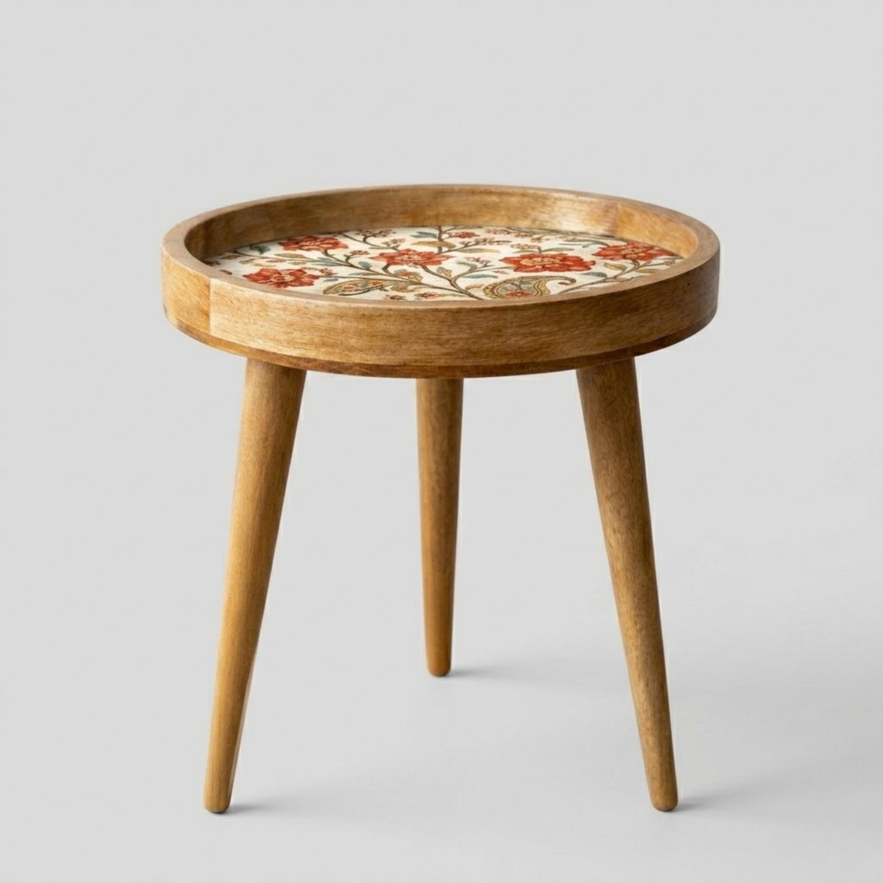 Handmade Mango Wood Side Table | Vintage Floral Print Round Boho Accent Furniture