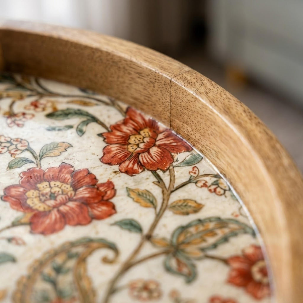 Handmade Mango Wood Side Table | Vintage Floral Print Round Boho Accent Furniture