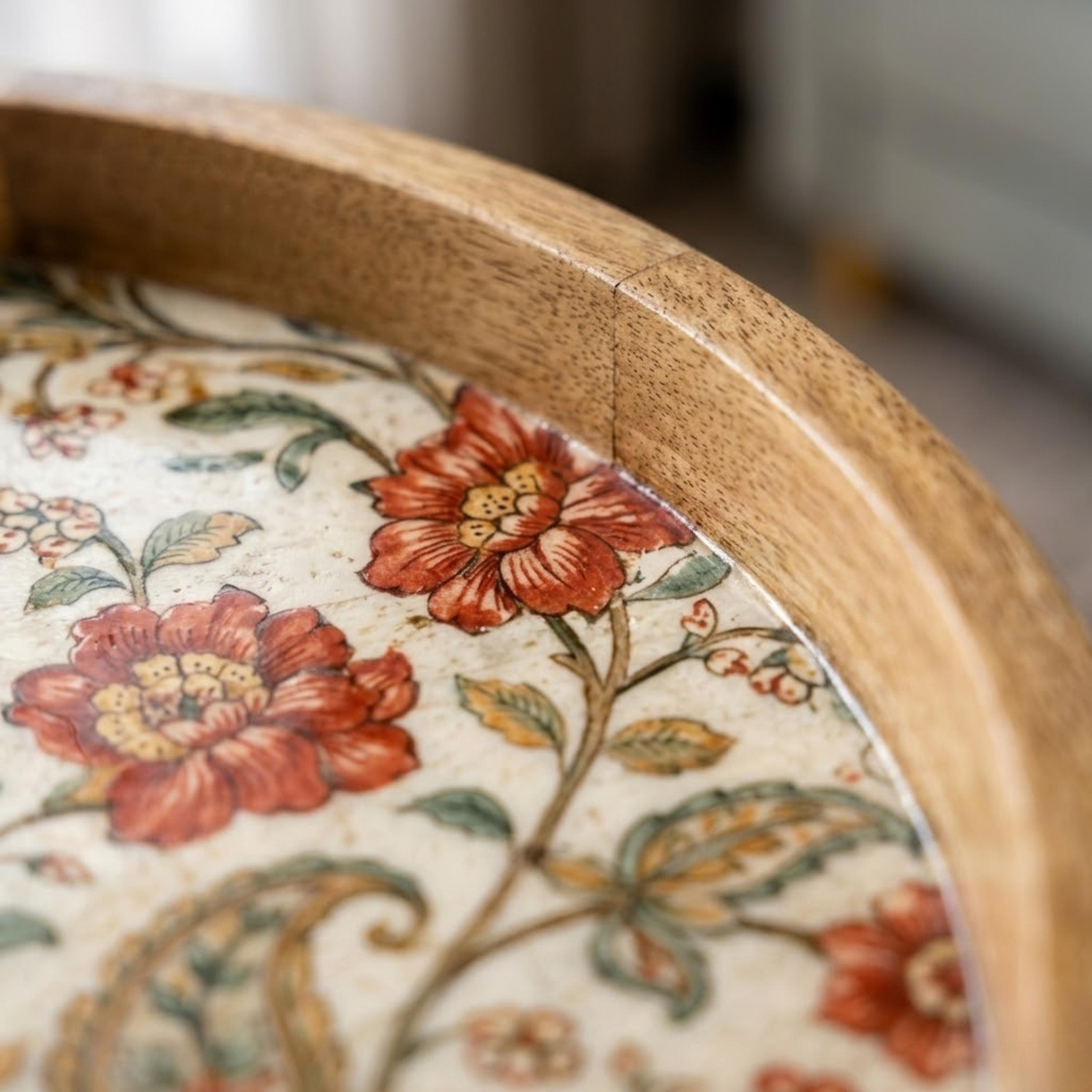 Handmade Mango Wood Side Table | Vintage Floral Print Round Boho Accent Furniture