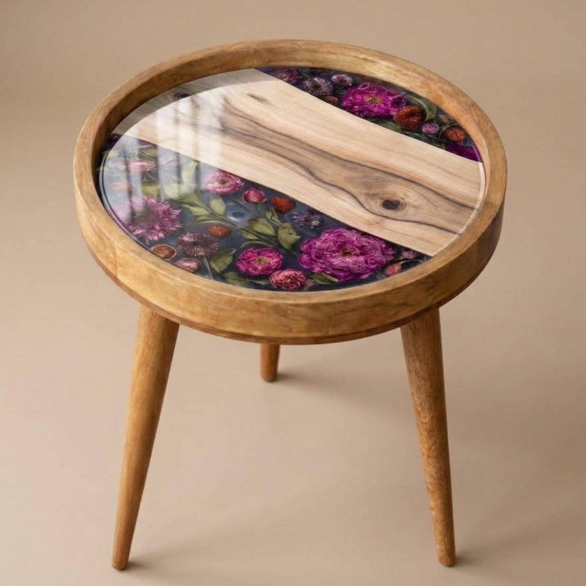 Floral Mango Wood Side Table | Handmade Round Resin Accent End Table