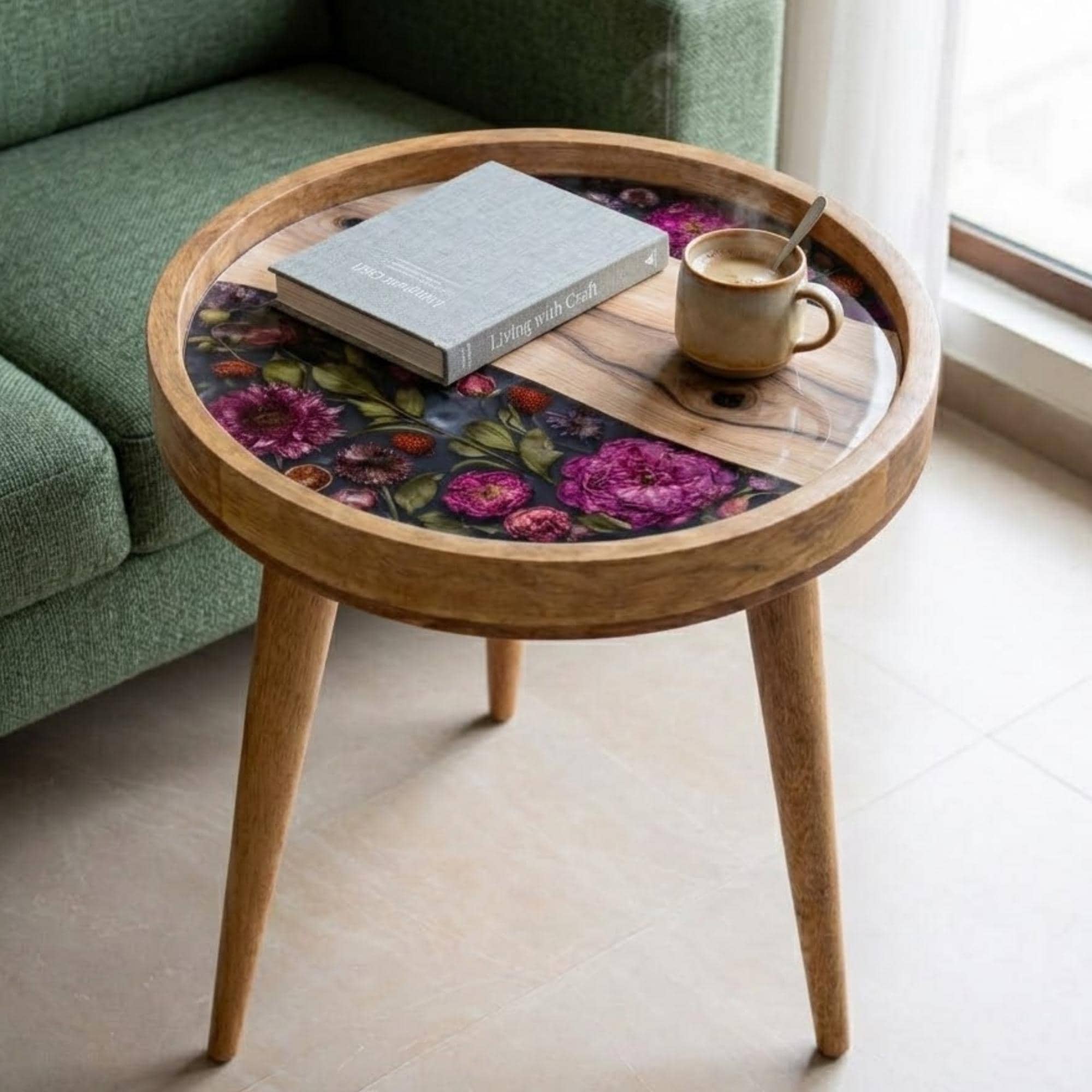 Floral Mango Wood Side Table | Handmade Round Resin Accent End Table
