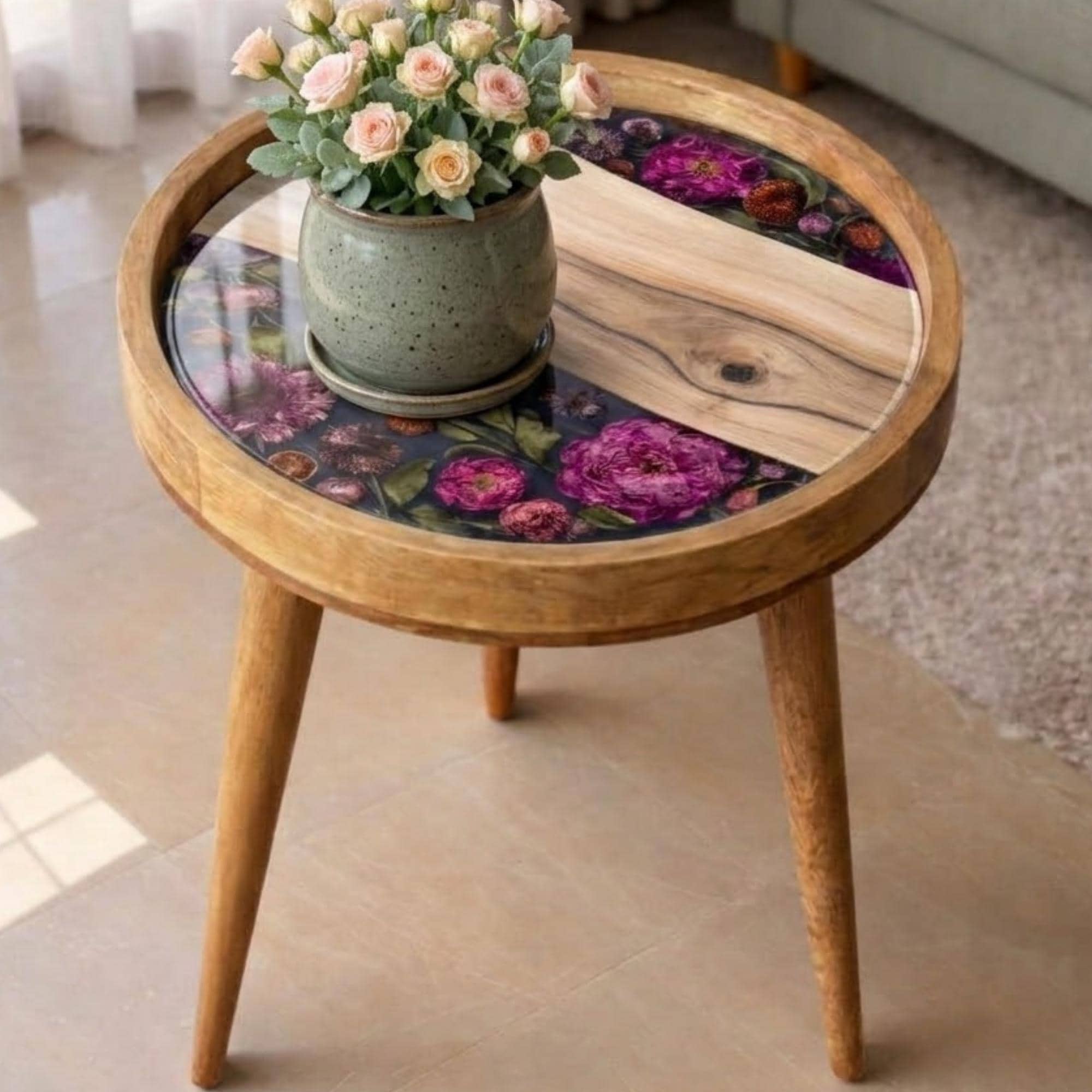 Floral Mango Wood Side Table | Handmade Round Resin Accent End Table