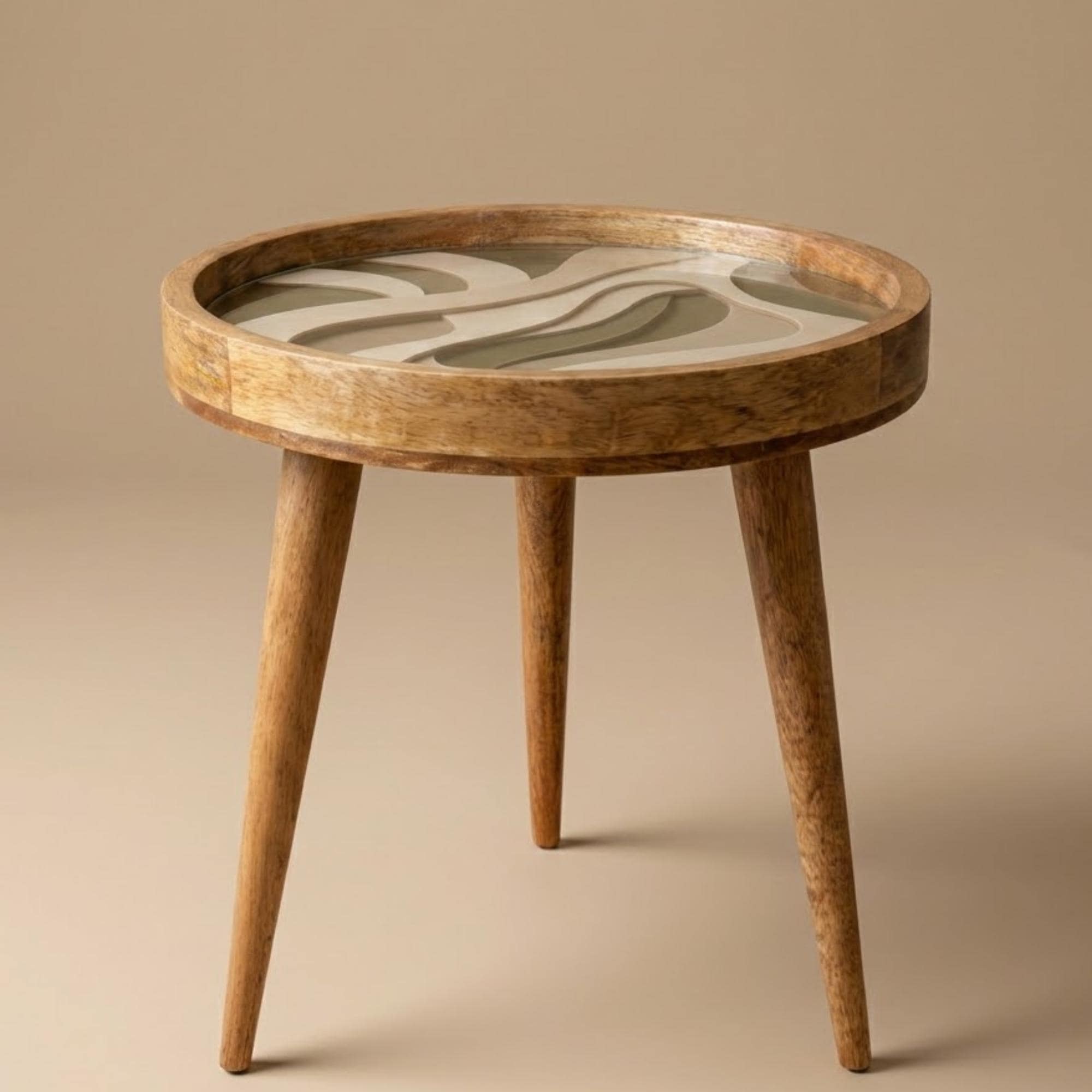 Modern Abstract Mango Wood Side Table | Neutral Round Accent Table | Contemporary Decor