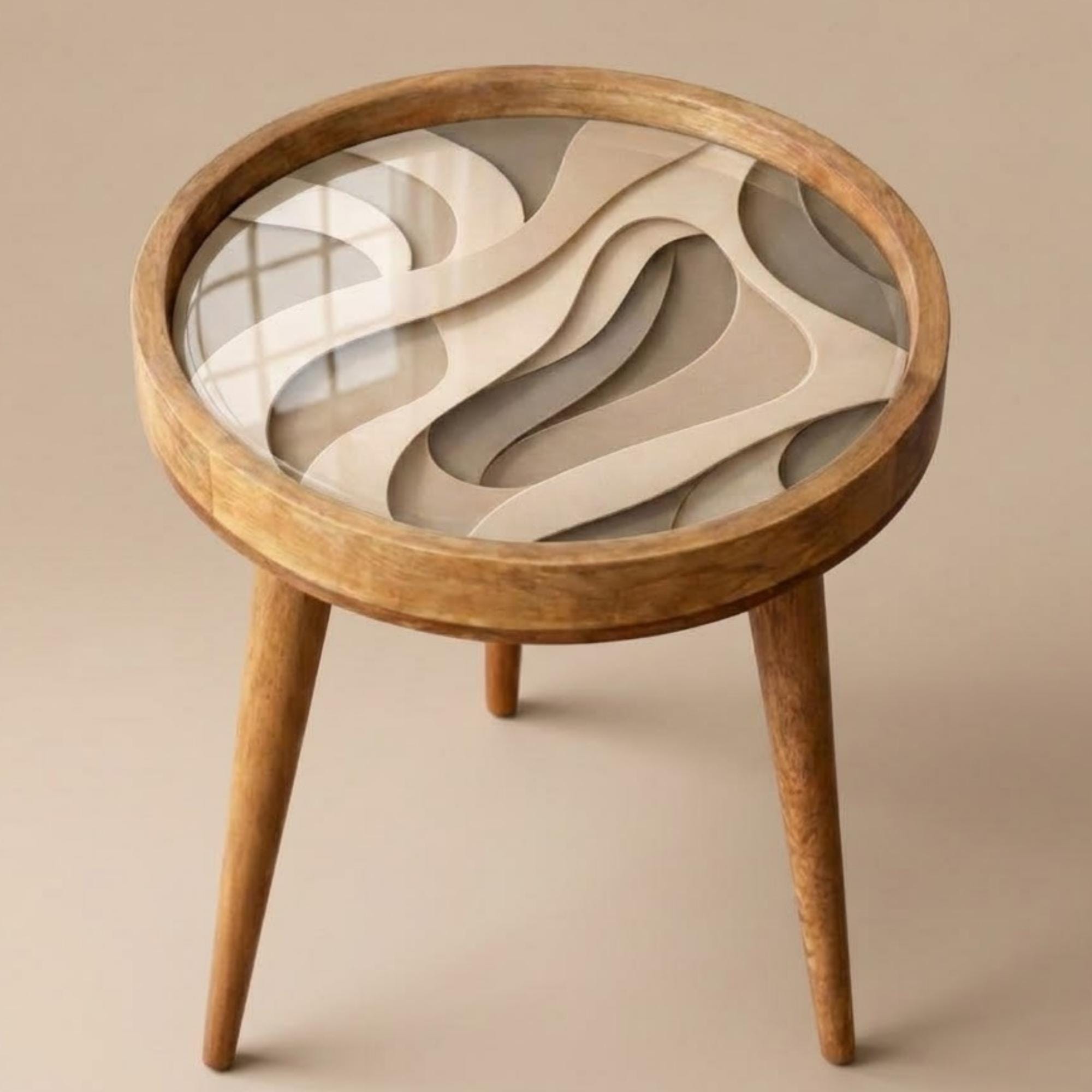 Modern Abstract Mango Wood Side Table | Neutral Round Accent Table | Contemporary Decor