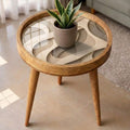 Modern Abstract Mango Wood Side Table | Neutral Round Accent Table | Contemporary Decor