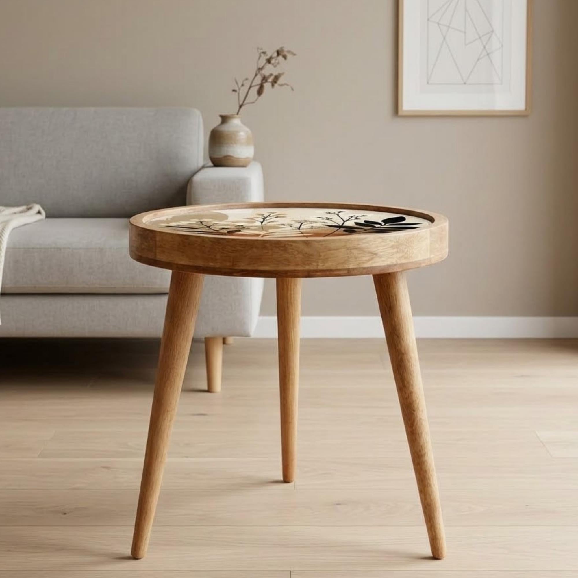 Handmade Mango Wood Side Table | Botanical Print Round Accent Boho Decor