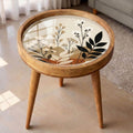 Handmade Mango Wood Side Table | Botanical Print Round Accent Boho Decor