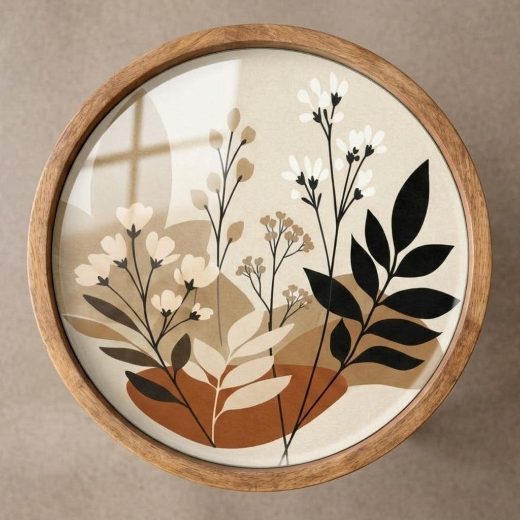 Handmade Mango Wood Side Table | Botanical Print Round Accent Boho Decor