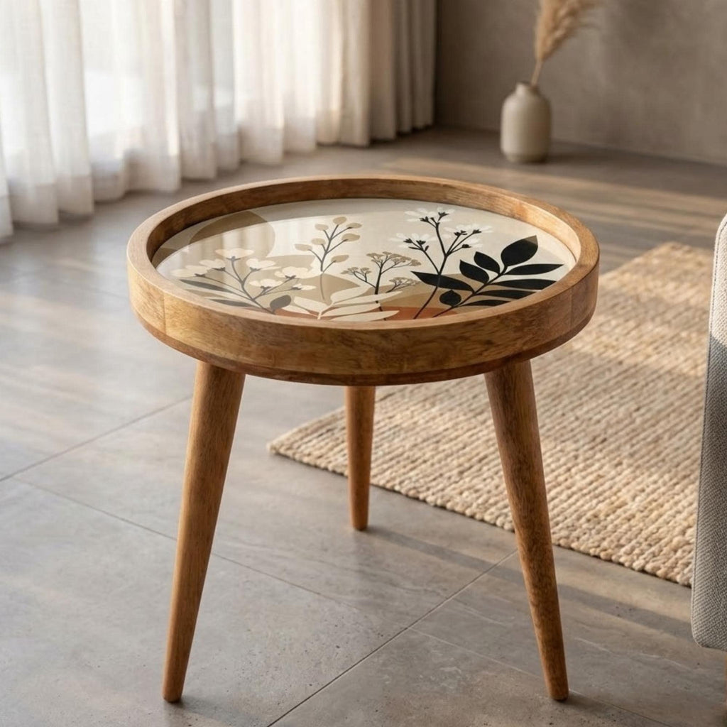 Handmade Mango Wood Side Table | Botanical Print Round Accent Boho Decor