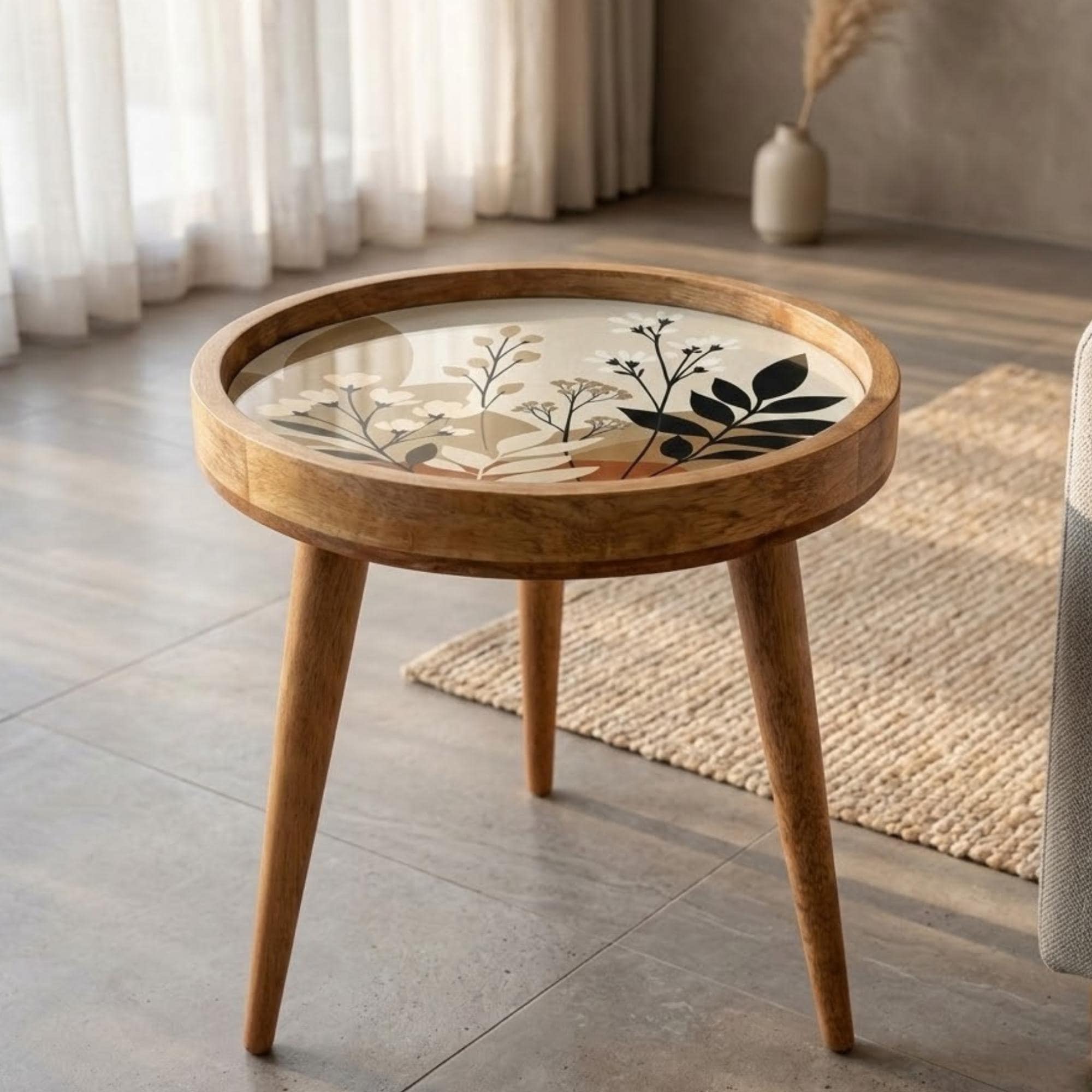 Handmade Mango Wood Side Table | Botanical Print Round Accent Boho Decor