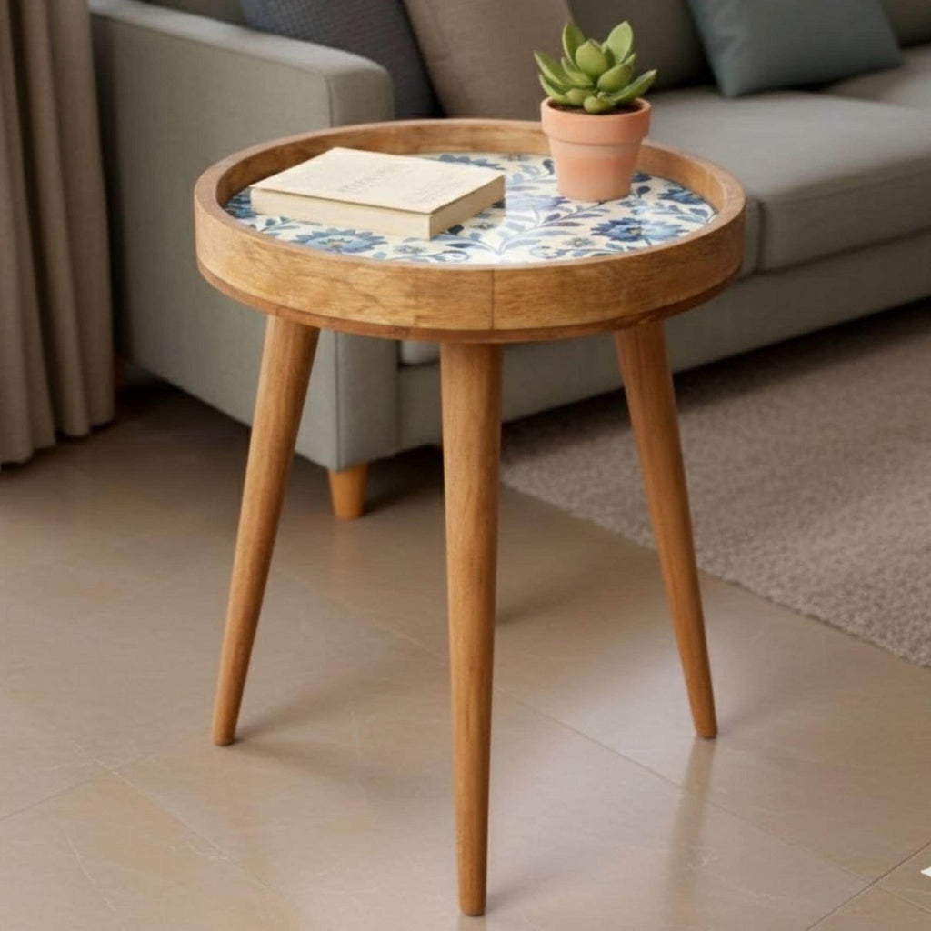 Handmade Mango Wood Side Table | Blue Floral Print, Vintage Boho Accent