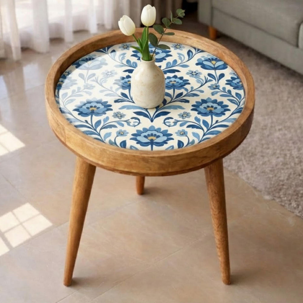 Handmade Mango Wood Side Table | Blue Floral Print, Vintage Boho Accent