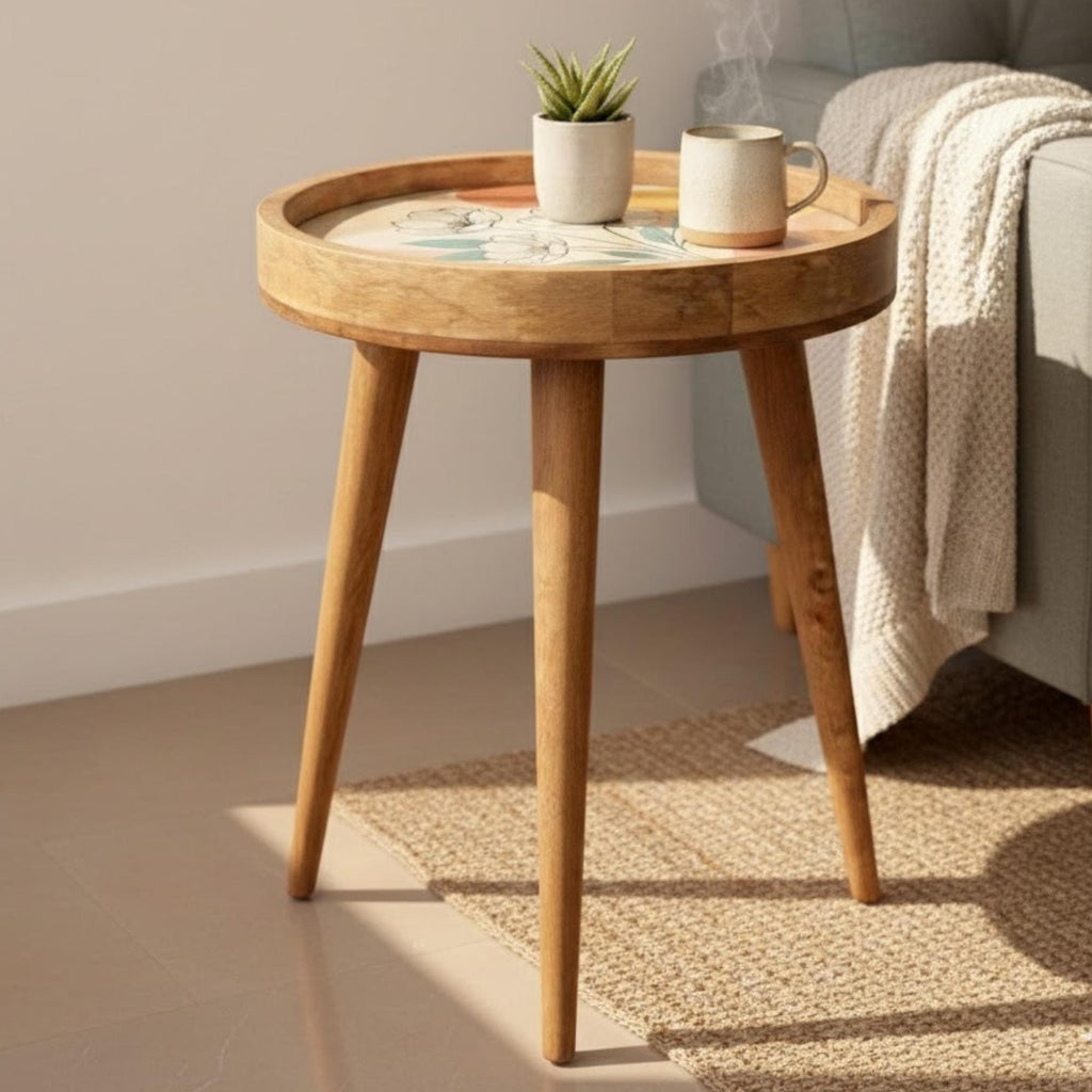 Handmade Mango Wood Side Table | Modern Floral Print Round Accent Table