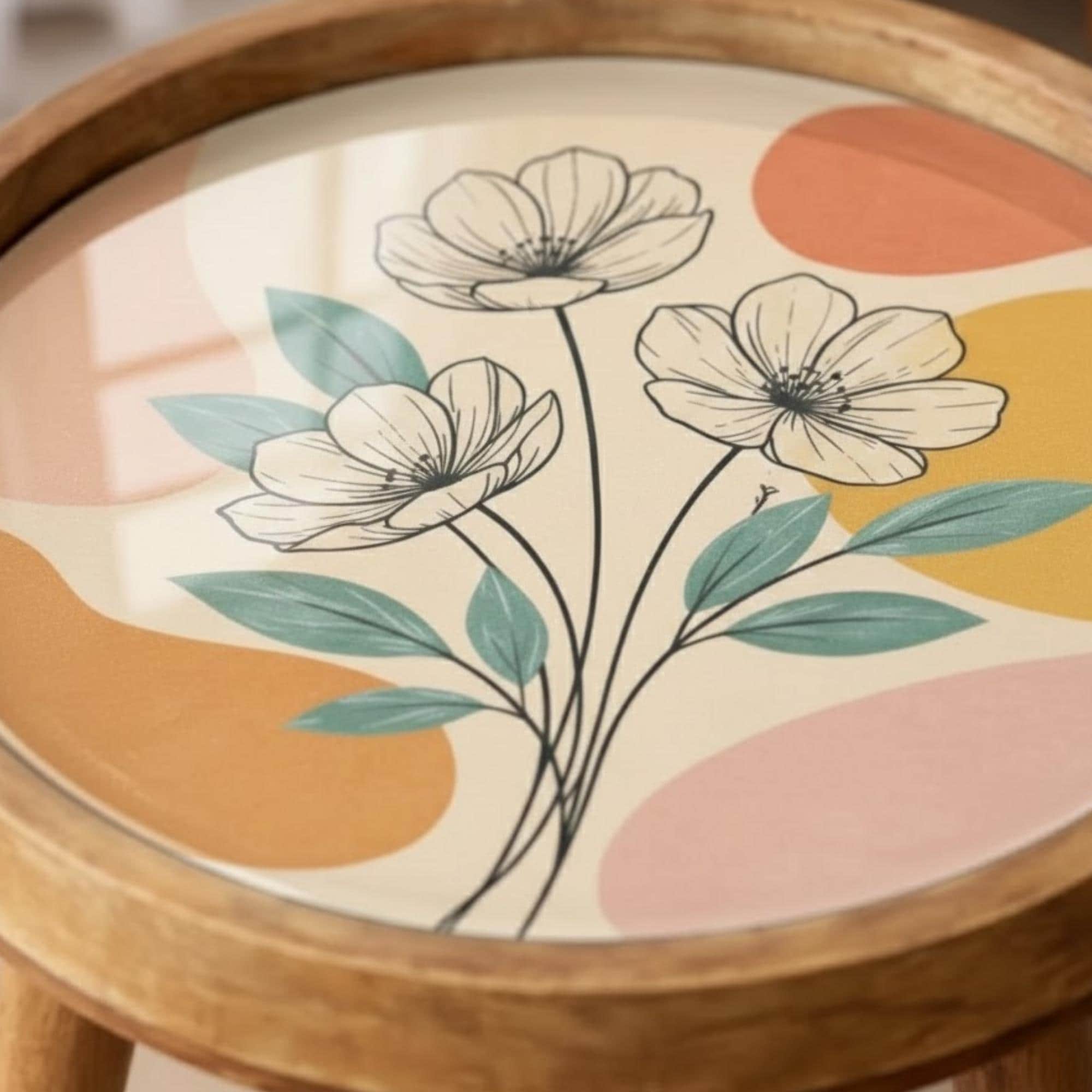 Handmade Mango Wood Side Table | Modern Floral Print Round Accent Table