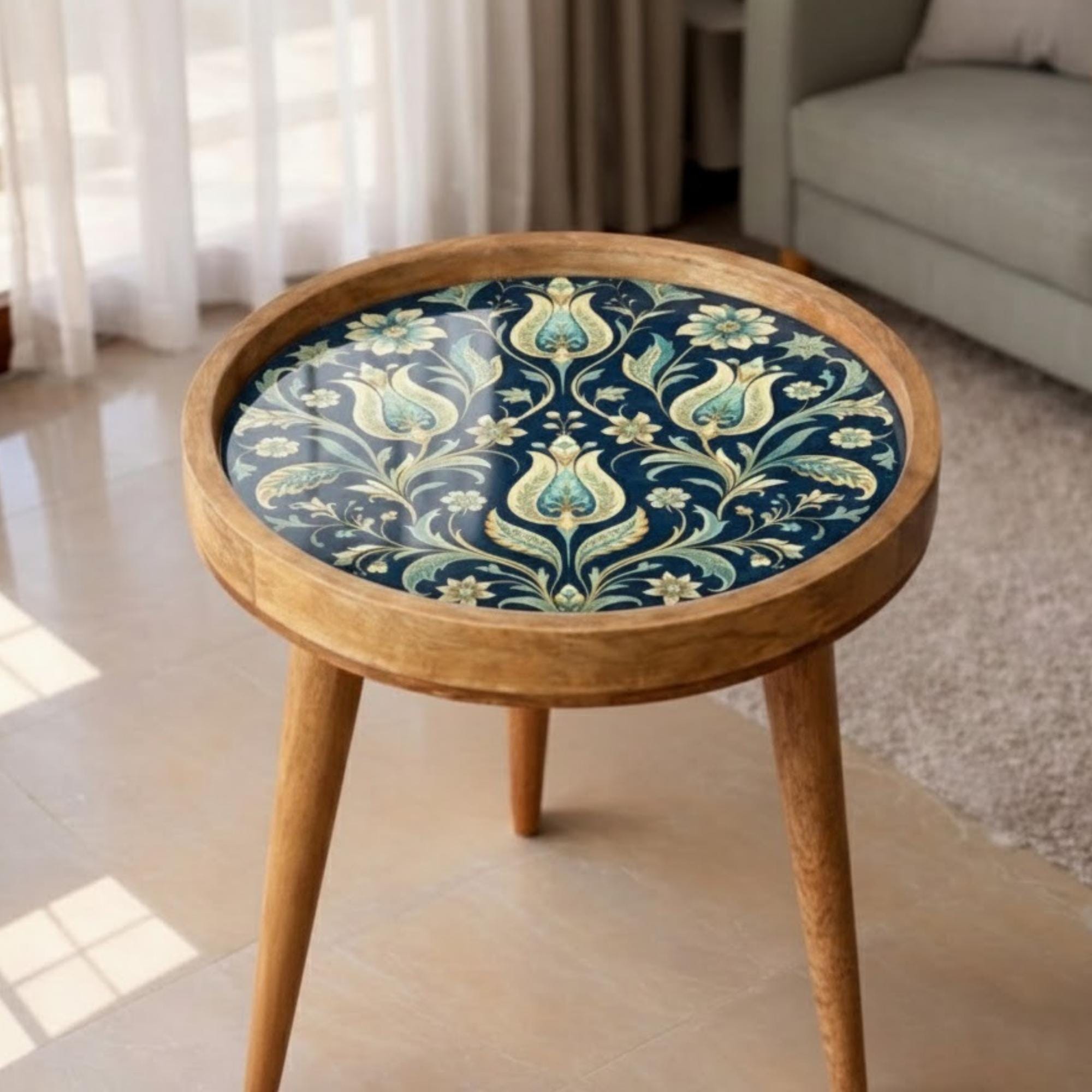 Handmade Mango Wood Side Table | Vintage Floral Print Round Accent Table