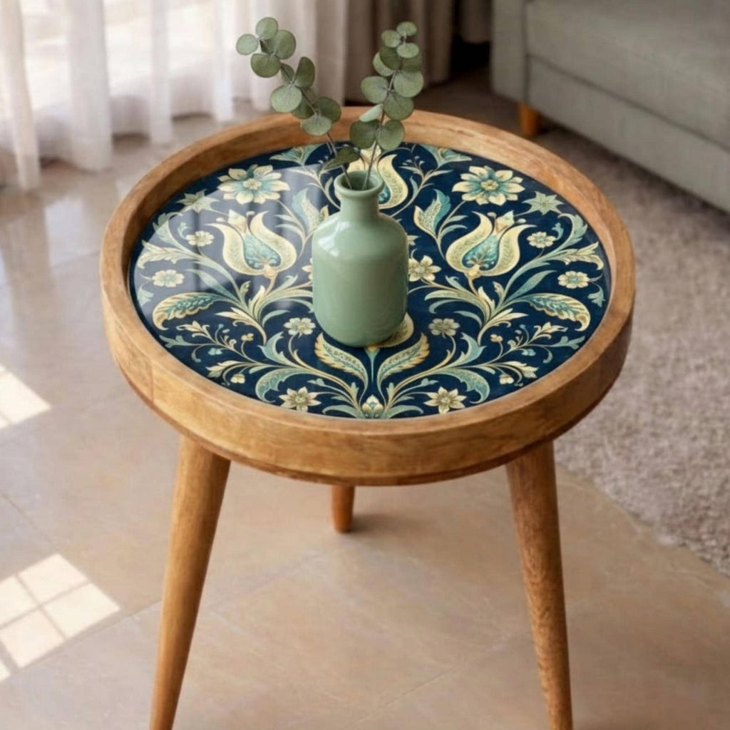 Handmade Mango Wood Side Table | Vintage Floral Print Round Accent Table