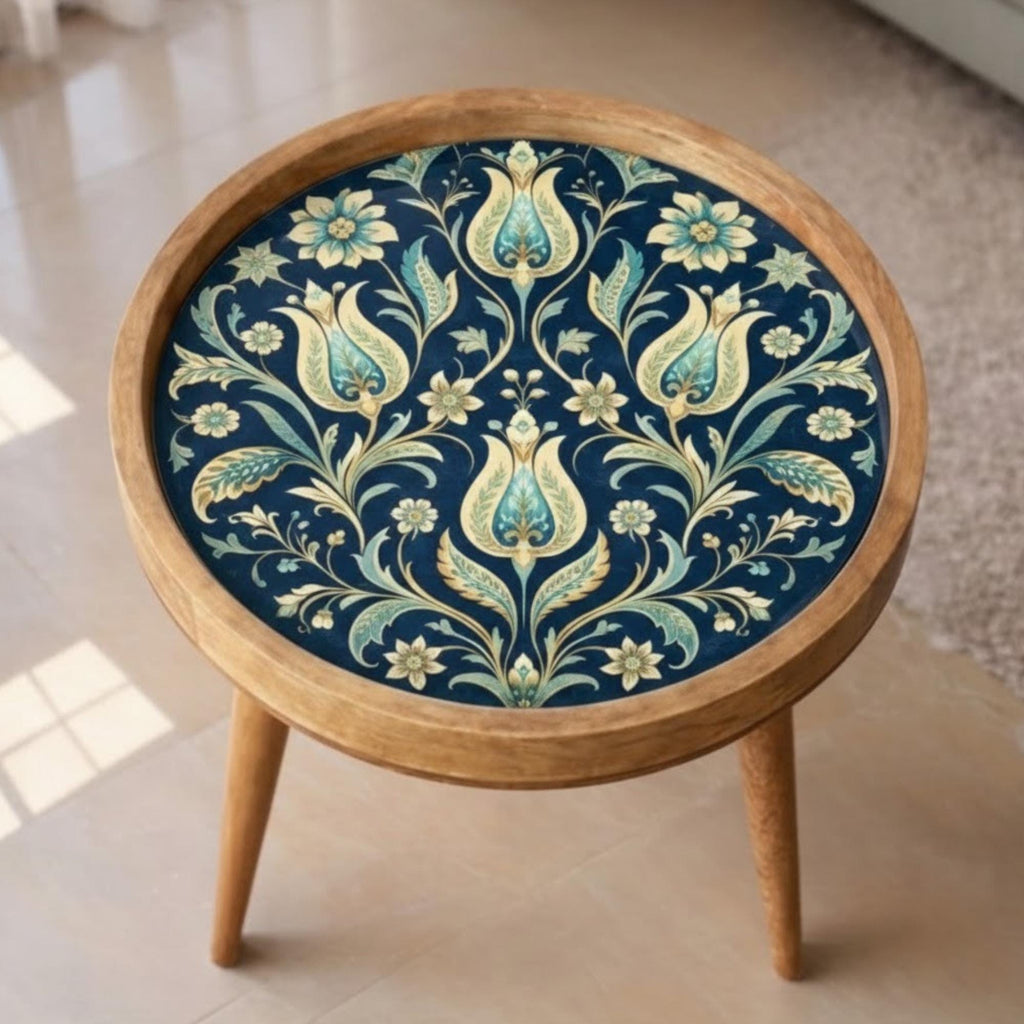 Handmade Mango Wood Side Table | Vintage Floral Print Round Accent Table