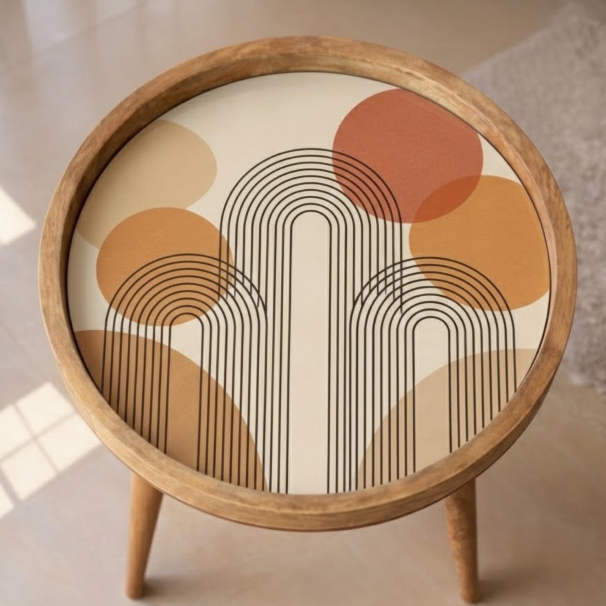 Mid Century Modern Printed Mango Wood Side Table | Retro Line Pattern Round End Table