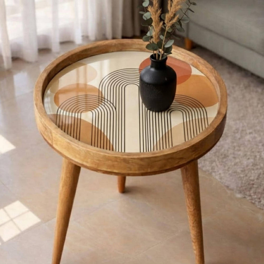 Mid Century Modern Printed Mango Wood Side Table | Retro Line Pattern Round End Table