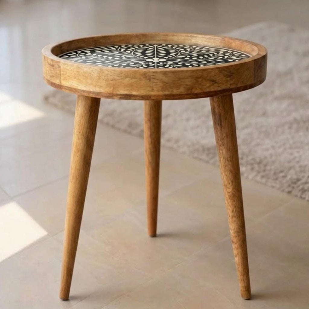 Handmade Mango Wood Side Table | Black Print Round Accent Bedside Furniture