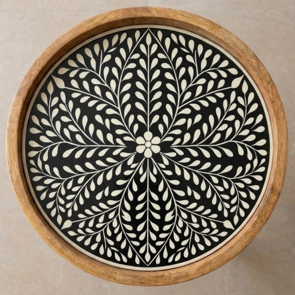 Handmade Mango Wood Side Table | Black Print Round Accent Bedside Furniture