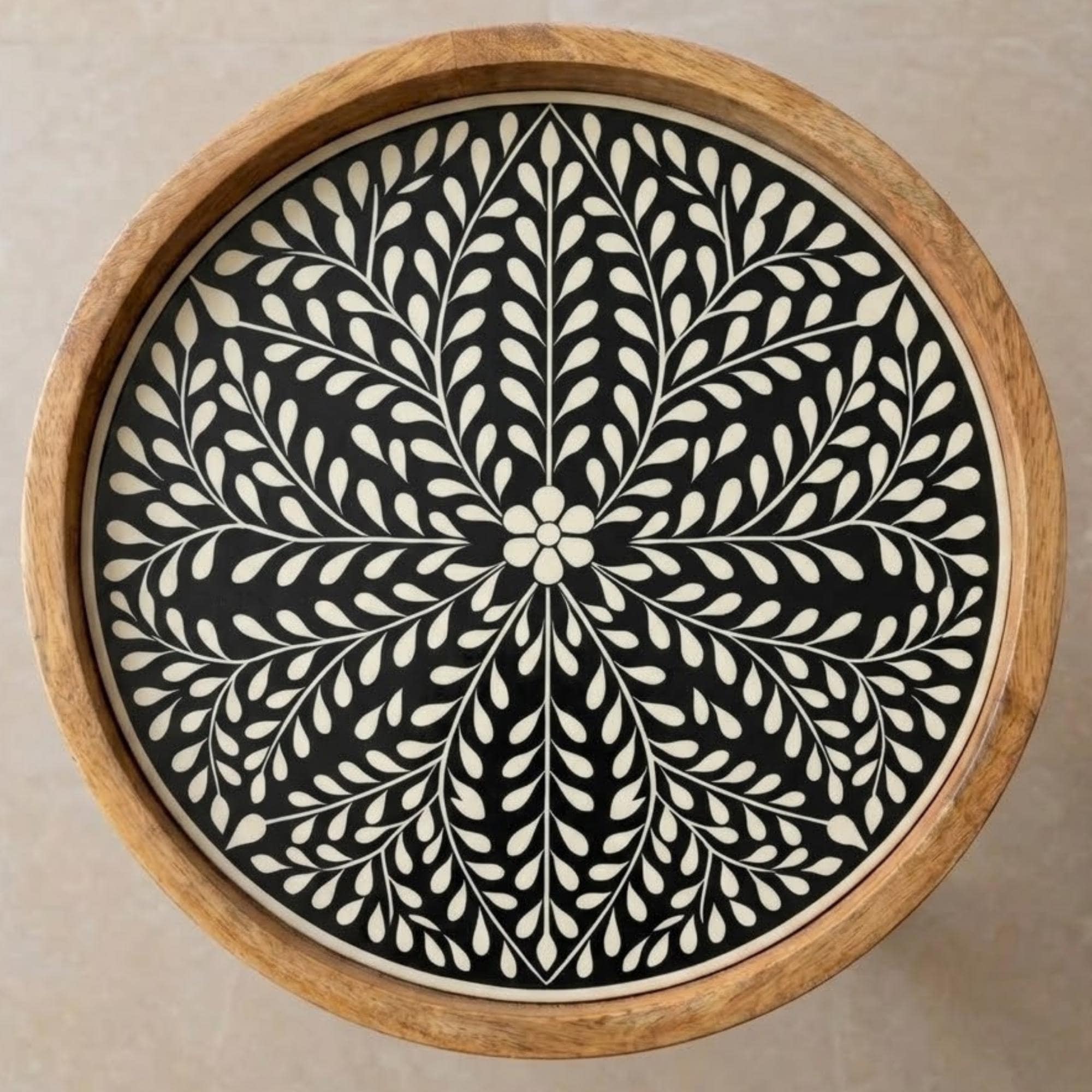 Handmade Mango Wood Side Table | Black Print Round Accent Bedside Furniture