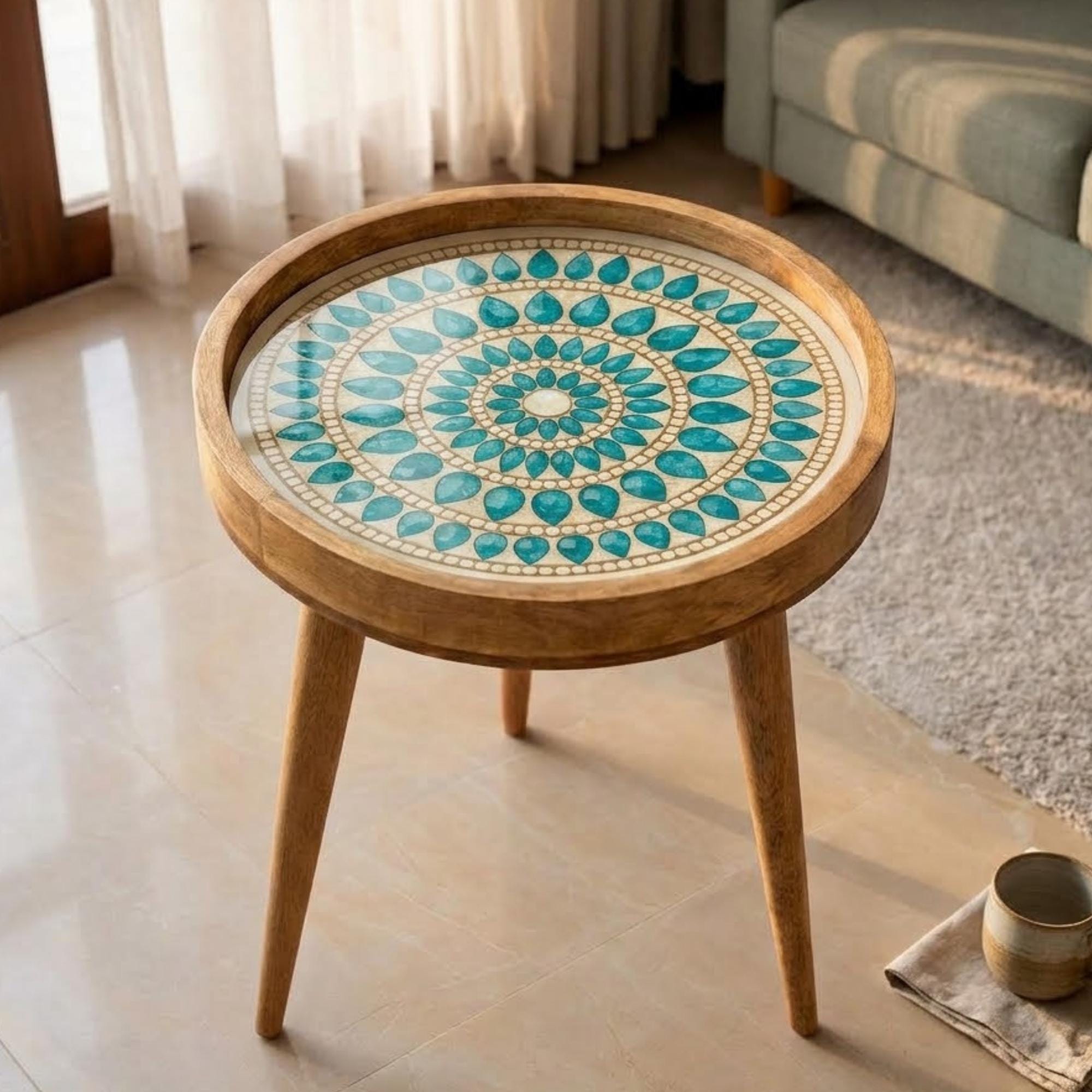 Handmade Turquoise Printed Mango Wood Round Side Table | Boho Accent Bedside Furniture
