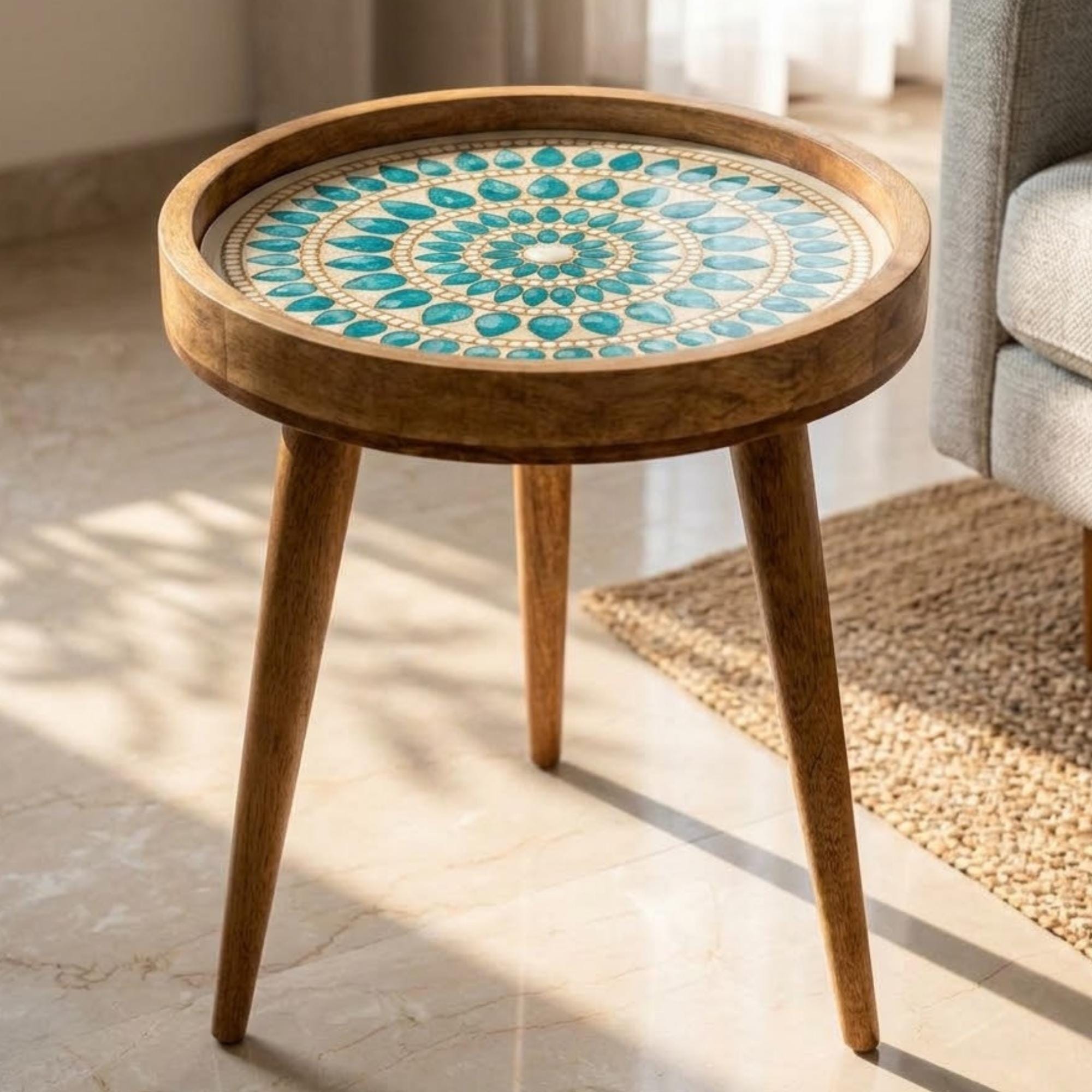 Handmade Turquoise Printed Mango Wood Round Side Table | Boho Accent Bedside Furniture