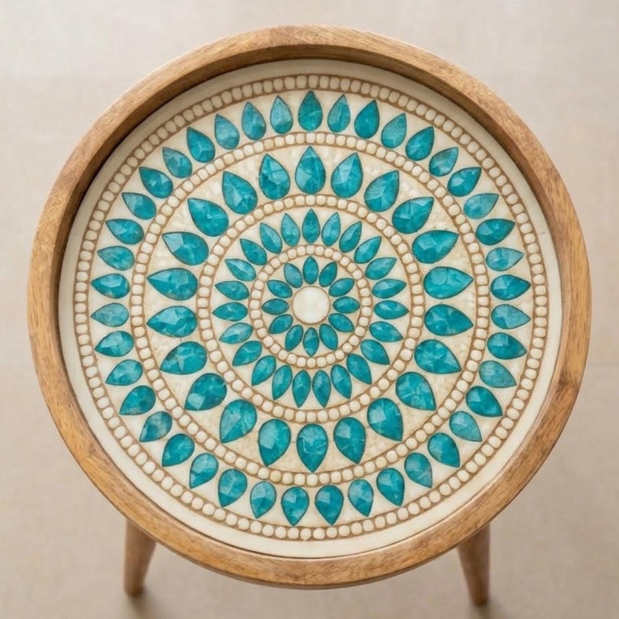 Handmade Turquoise Printed Mango Wood Round Side Table | Boho Accent Bedside Furniture