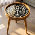 Handmade Mango Wood Side Table | Turquoise Floral Print Accent Table