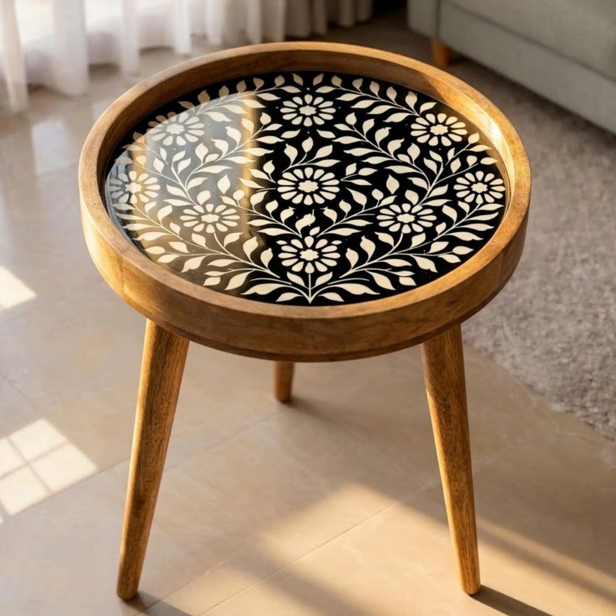 Handmade Mango Wood Side Table | Turquoise Floral Print Accent Table