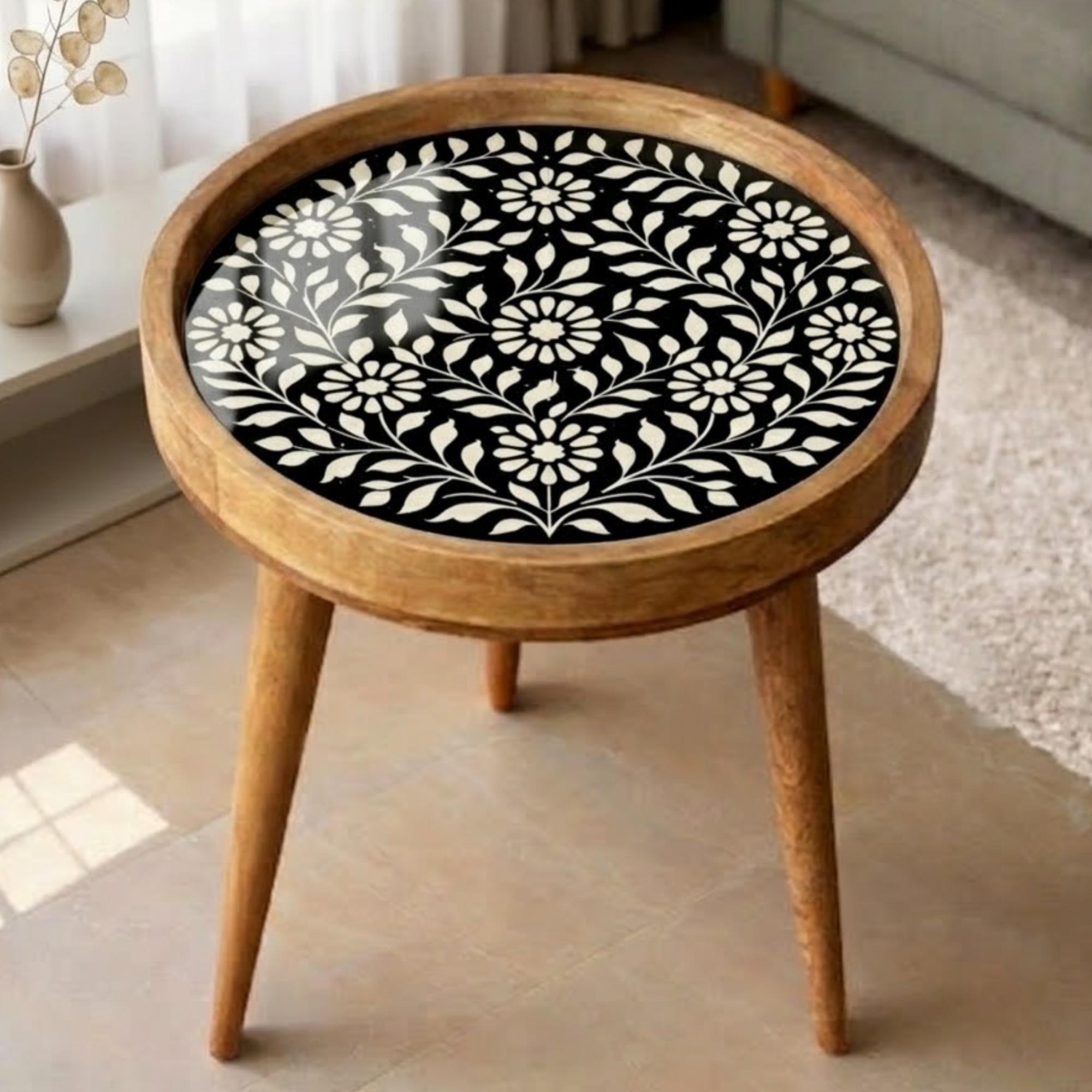 Handmade Mango Wood Side Table | Turquoise Floral Print Accent Table