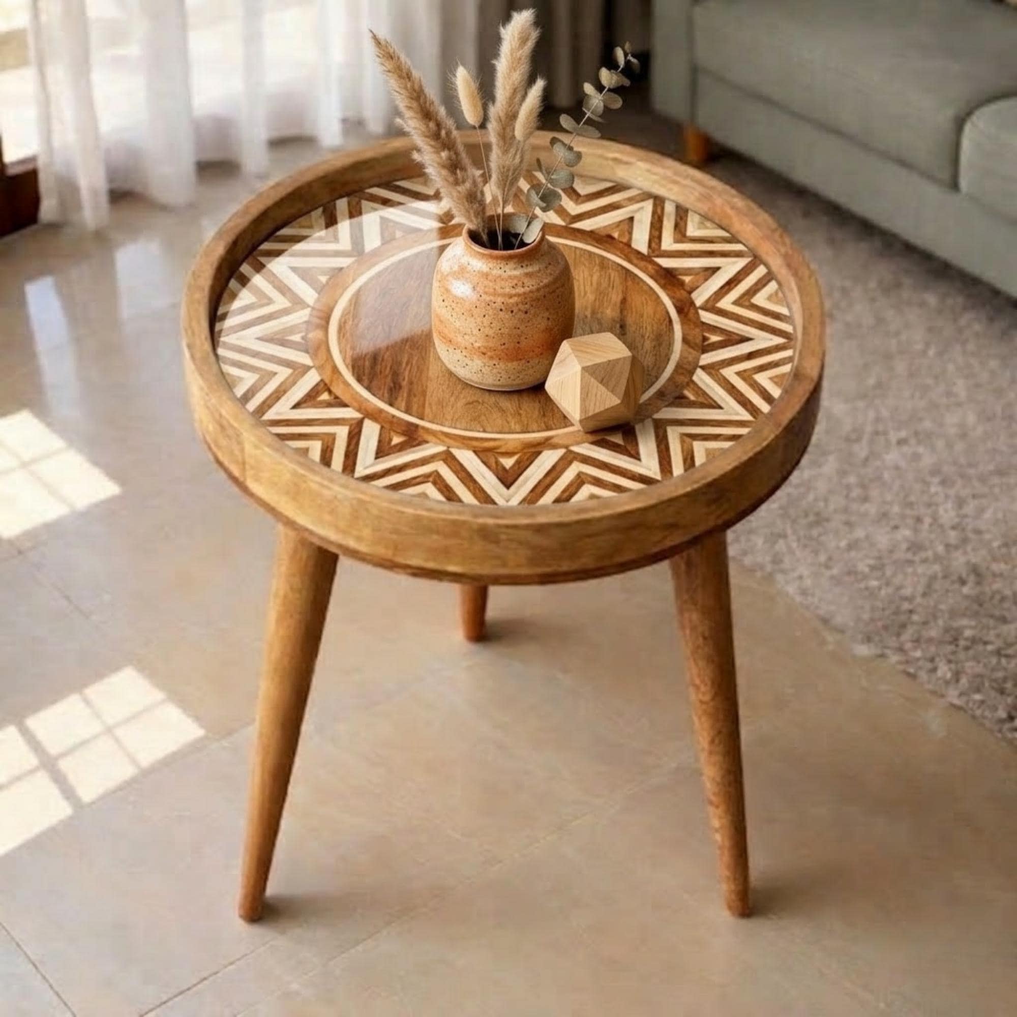 Handmade Geometric Mango Wood Side Table | Round Boho Accent Bedside Furniture