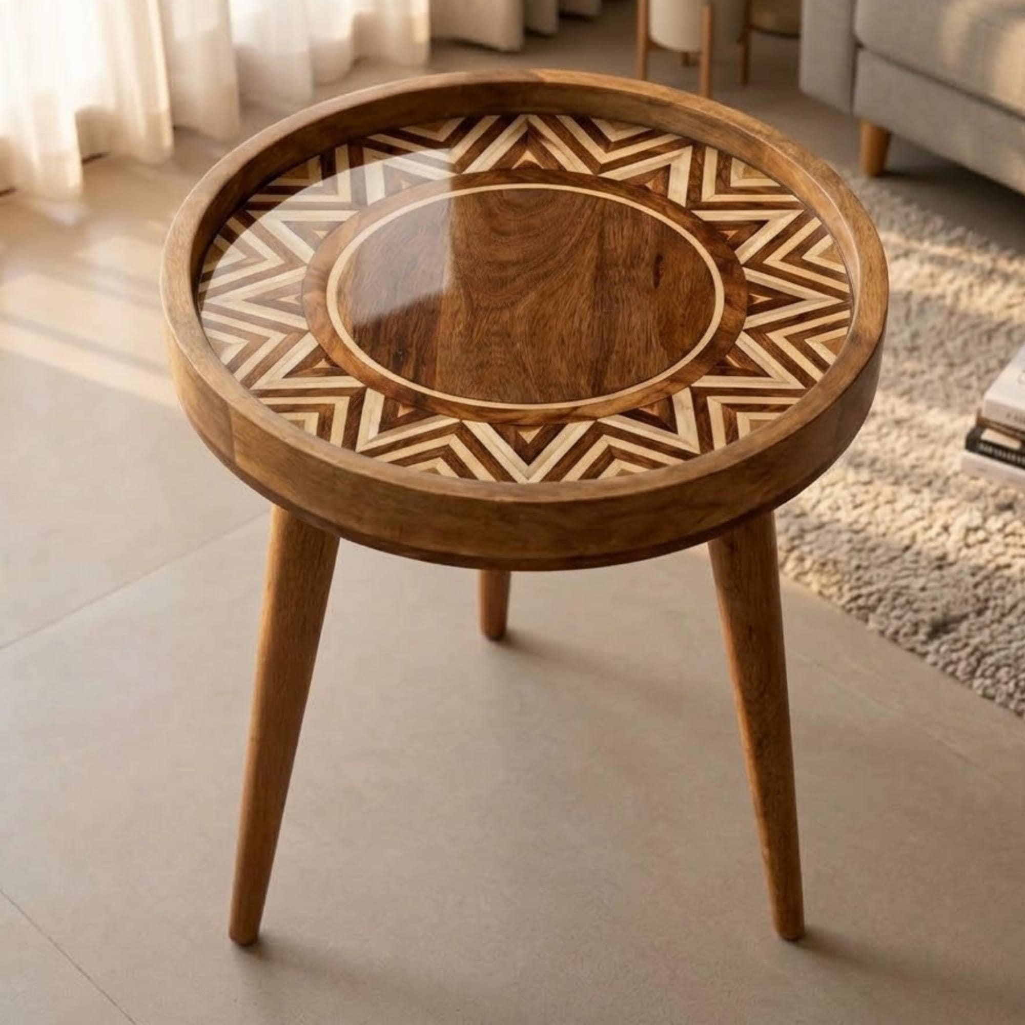 Handmade Geometric Mango Wood Side Table | Round Boho Accent Bedside Furniture