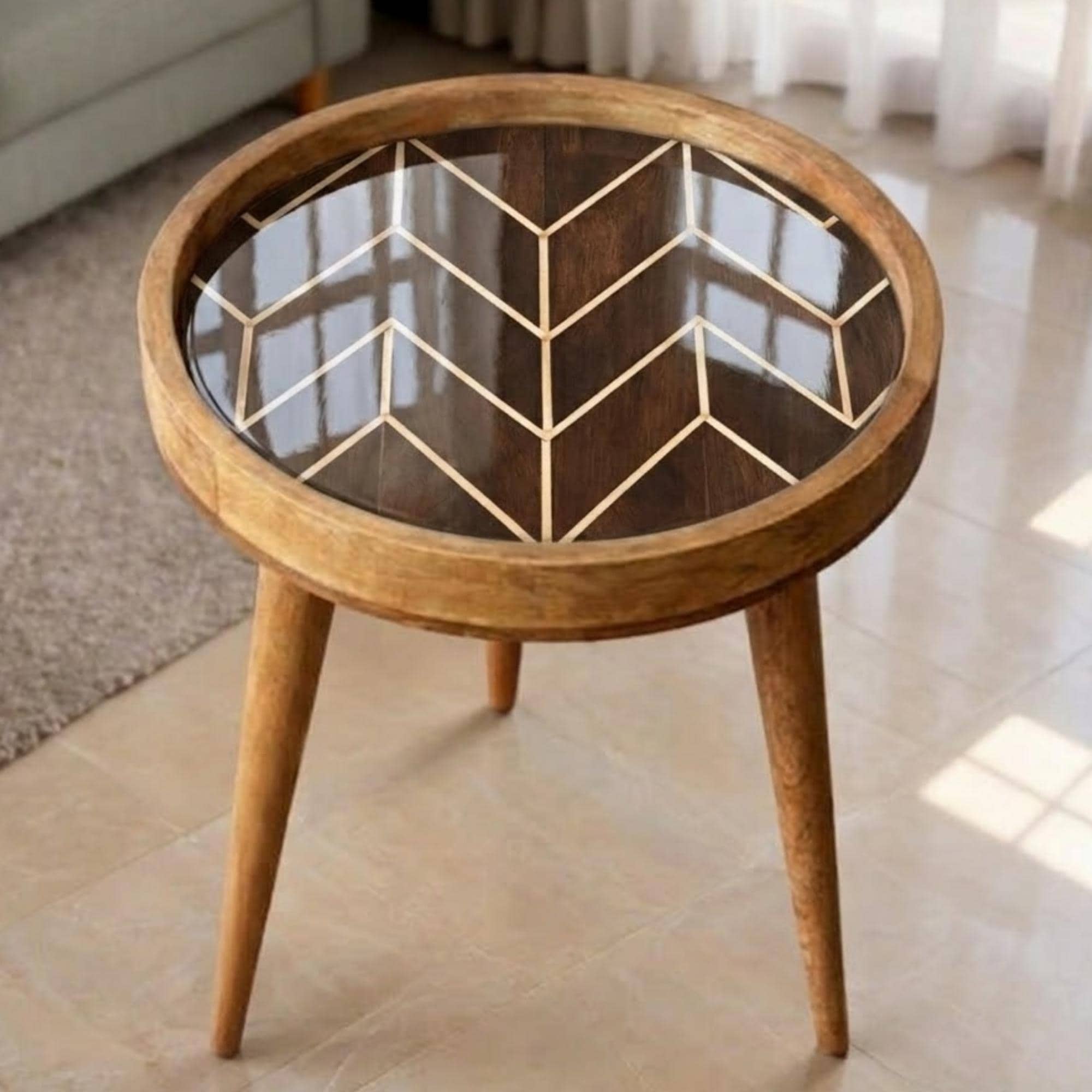 Handmade Geometric Mango Wood Side Table | Round Modern Accent Bedside Furniture