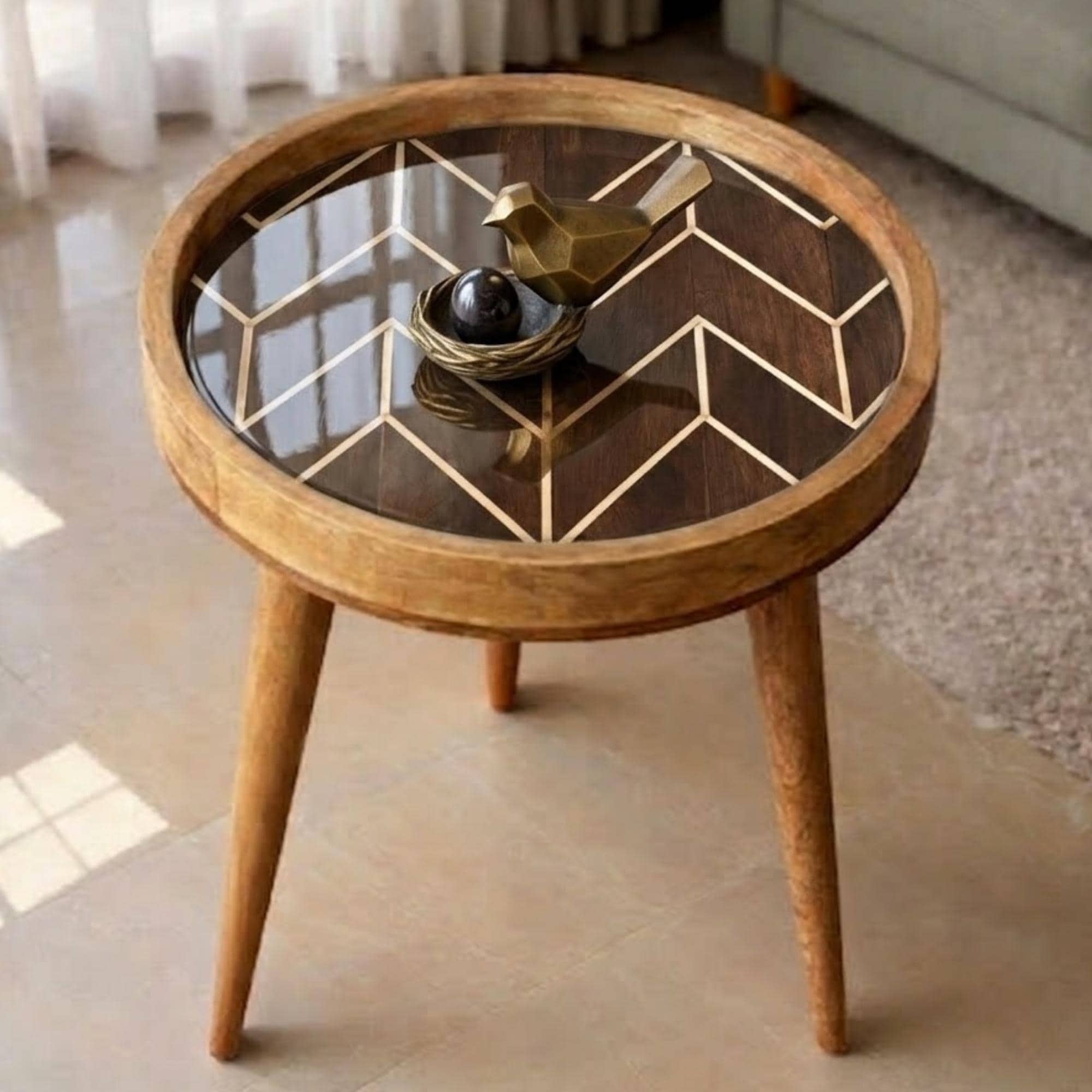 Handmade Geometric Mango Wood Side Table | Round Modern Accent Bedside Furniture