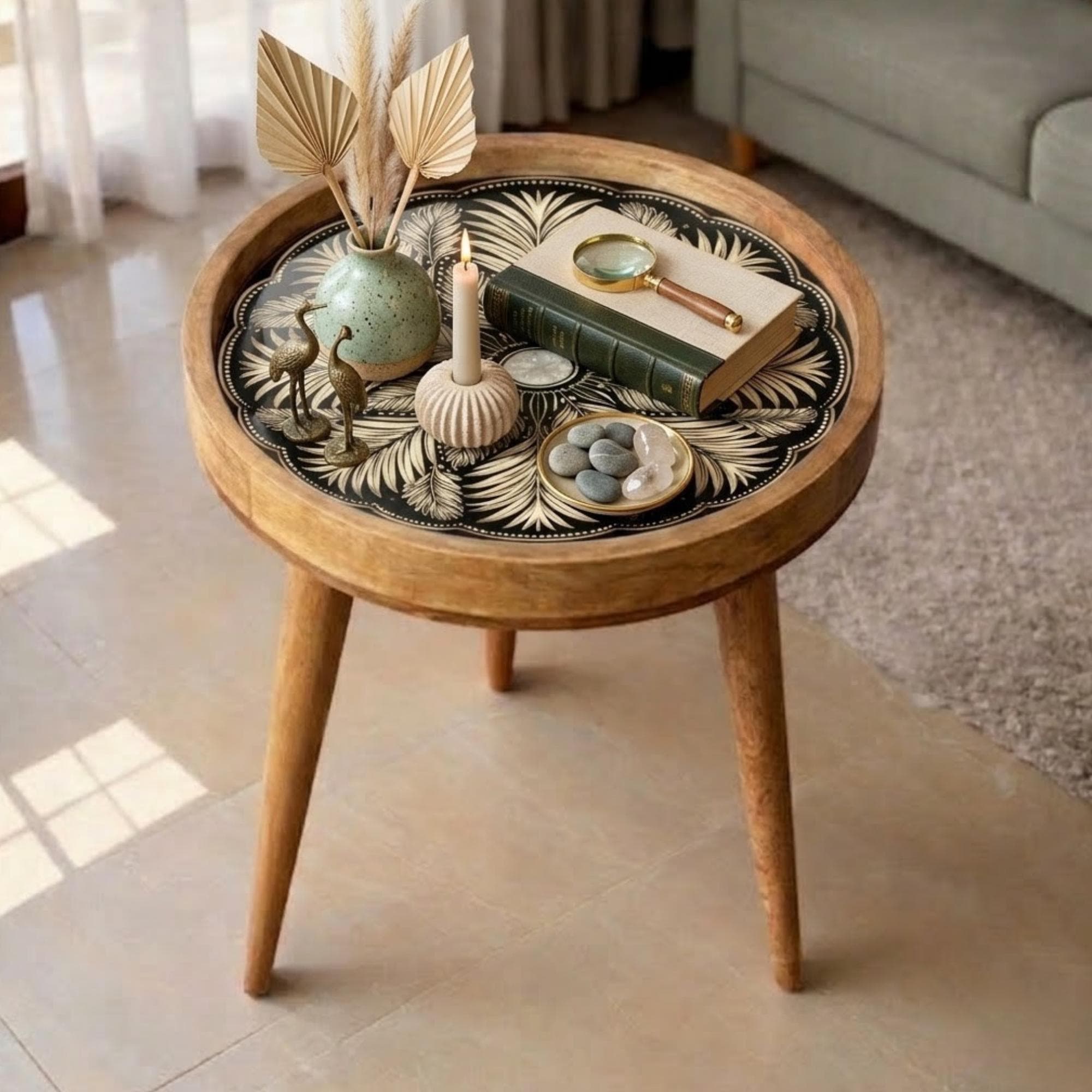 Handmade Mango Wood Side Table | Round Floral Boho Accent Table