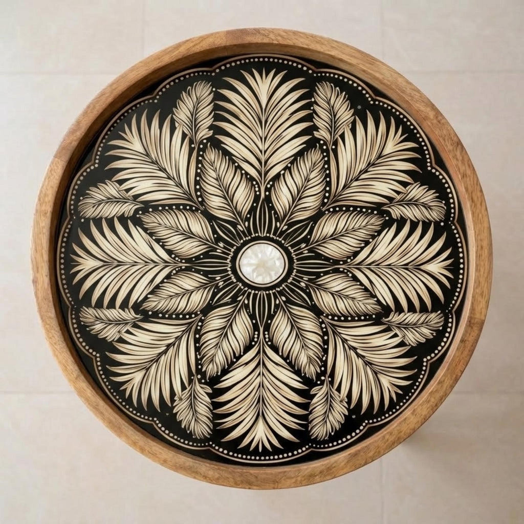 Handmade Mango Wood Side Table | Round Floral Boho Accent Table