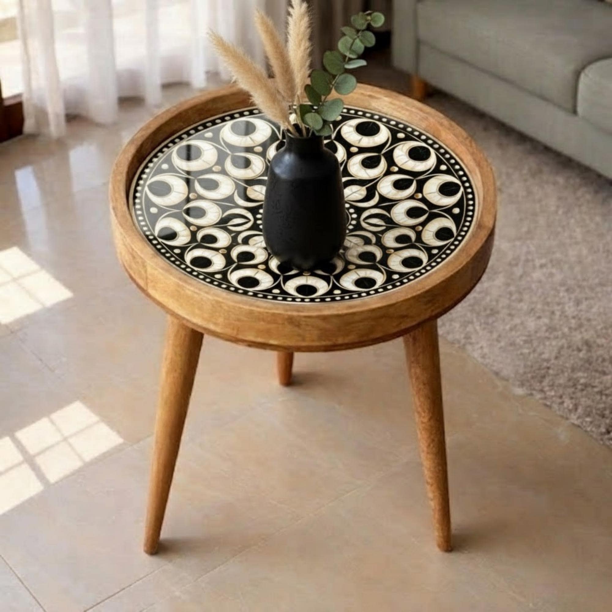 Handmade Mango Wood Side Table | Mandala Print Round Accent Table