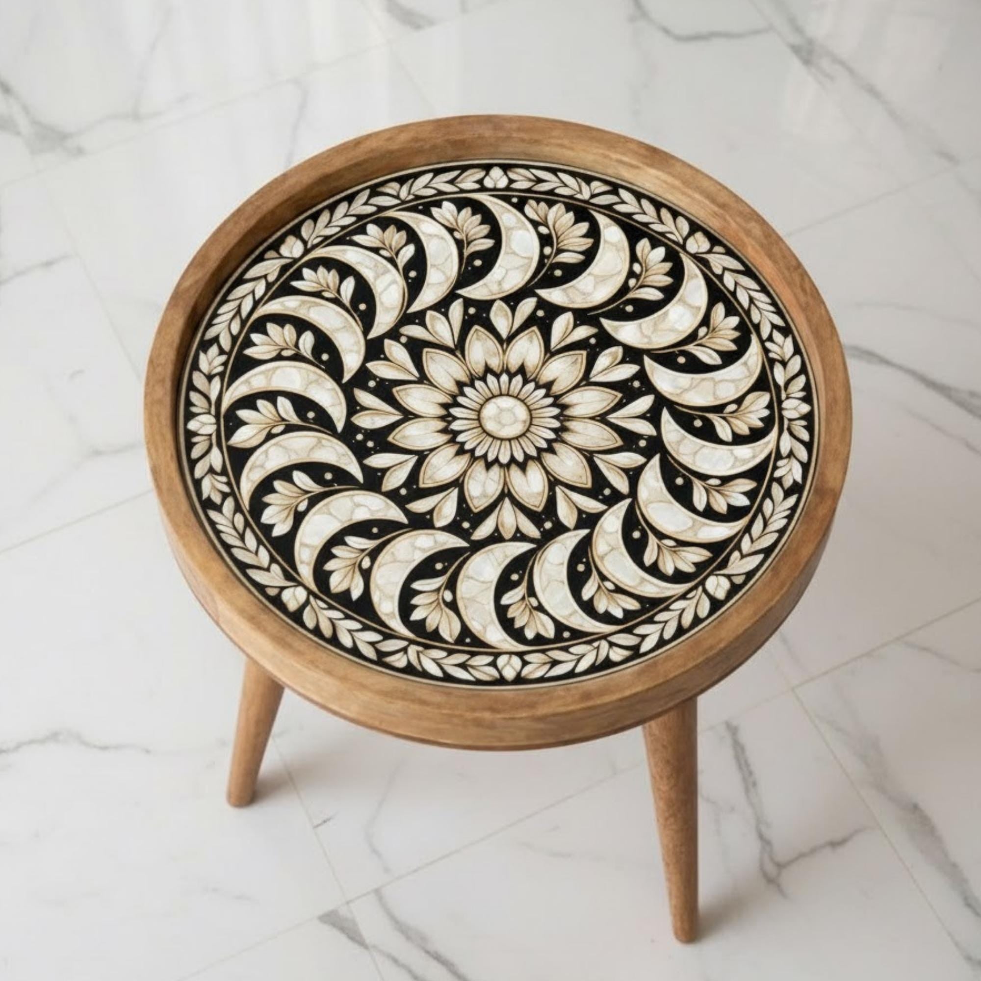 Handmade Mango Wood Side Table | Round Mandala Print Boho Accent Table
